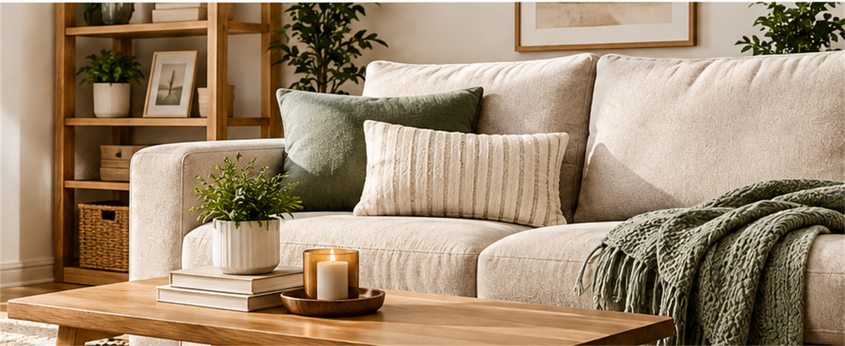 Warm living room with cream sofa and green throw